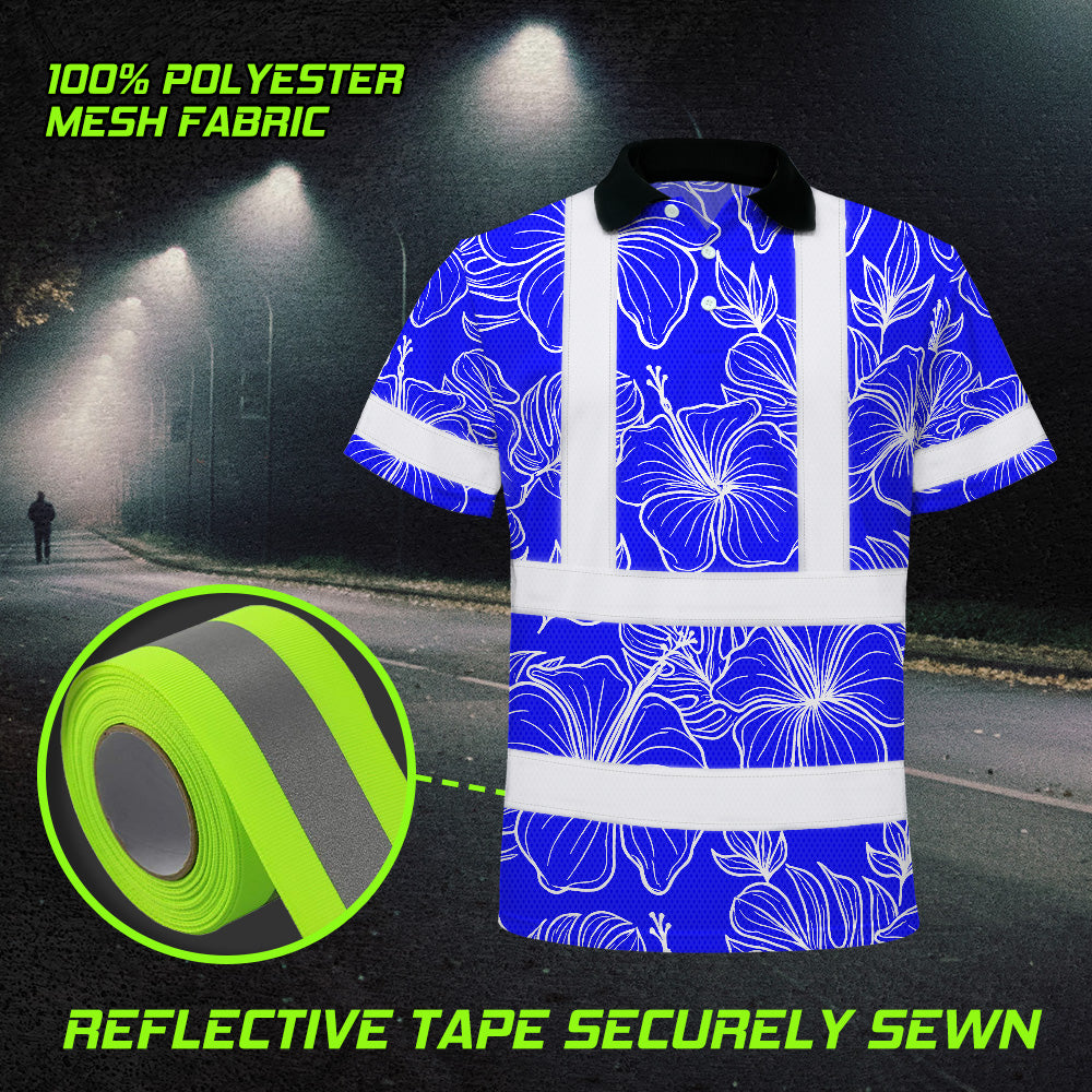Hi Vis Polo Shirt Reflective Tapes Blue Neon Flowers Custom Name Safety Workwear For Workers, Truckers, Operators