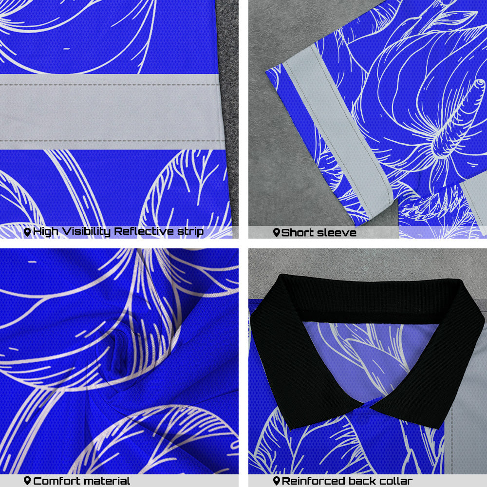 Hi Vis Polo Shirt Reflective Tapes Blue Neon Flowers Custom Name Safety Workwear For Workers, Truckers, Operators