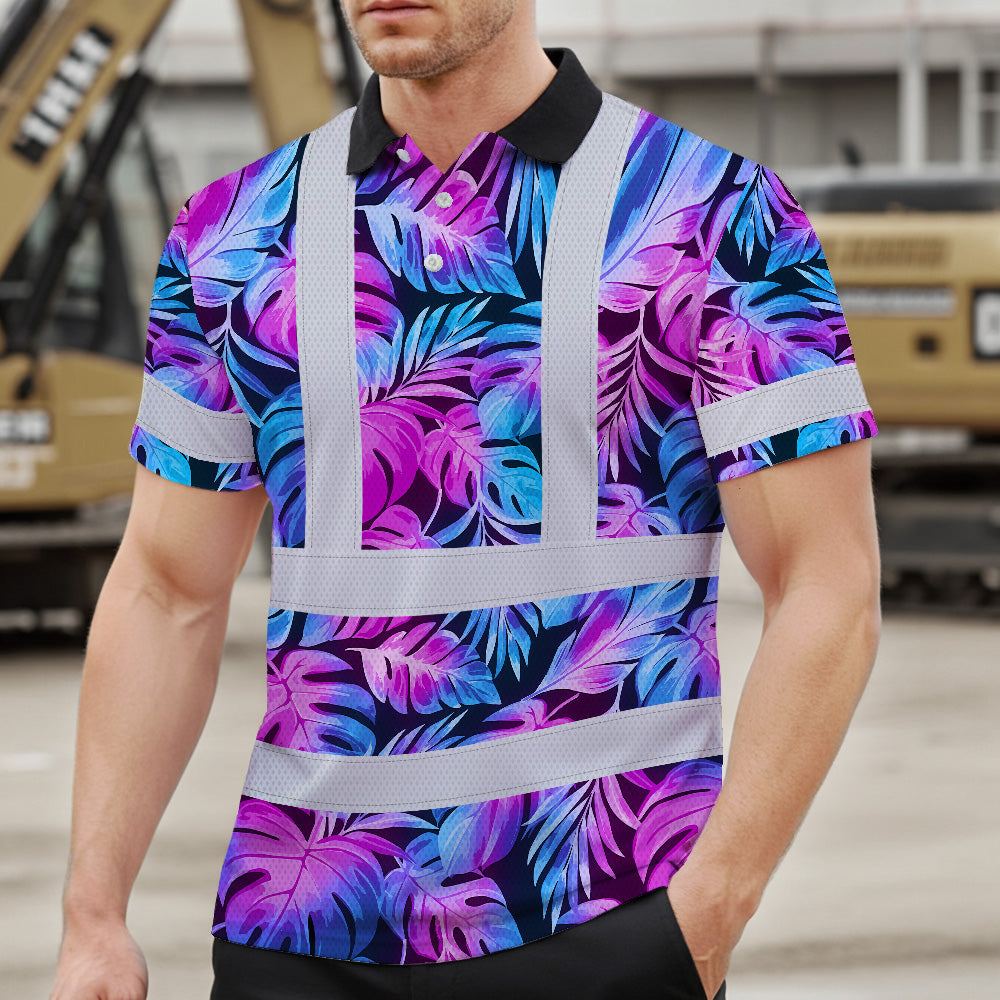Hi Vis Polo Shirt Reflective Tapes Gradient Blue Violet Custom Name Safety Workwear For Workers, Truckers, Operators