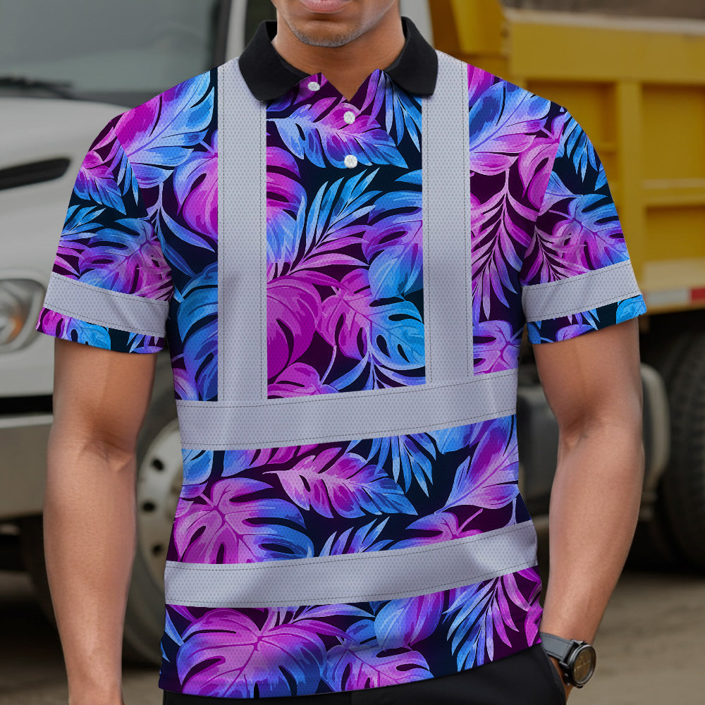 Hi Vis Polo Shirt Reflective Tapes Gradient Blue Violet Custom Name Safety Workwear For Workers, Truckers, Operators