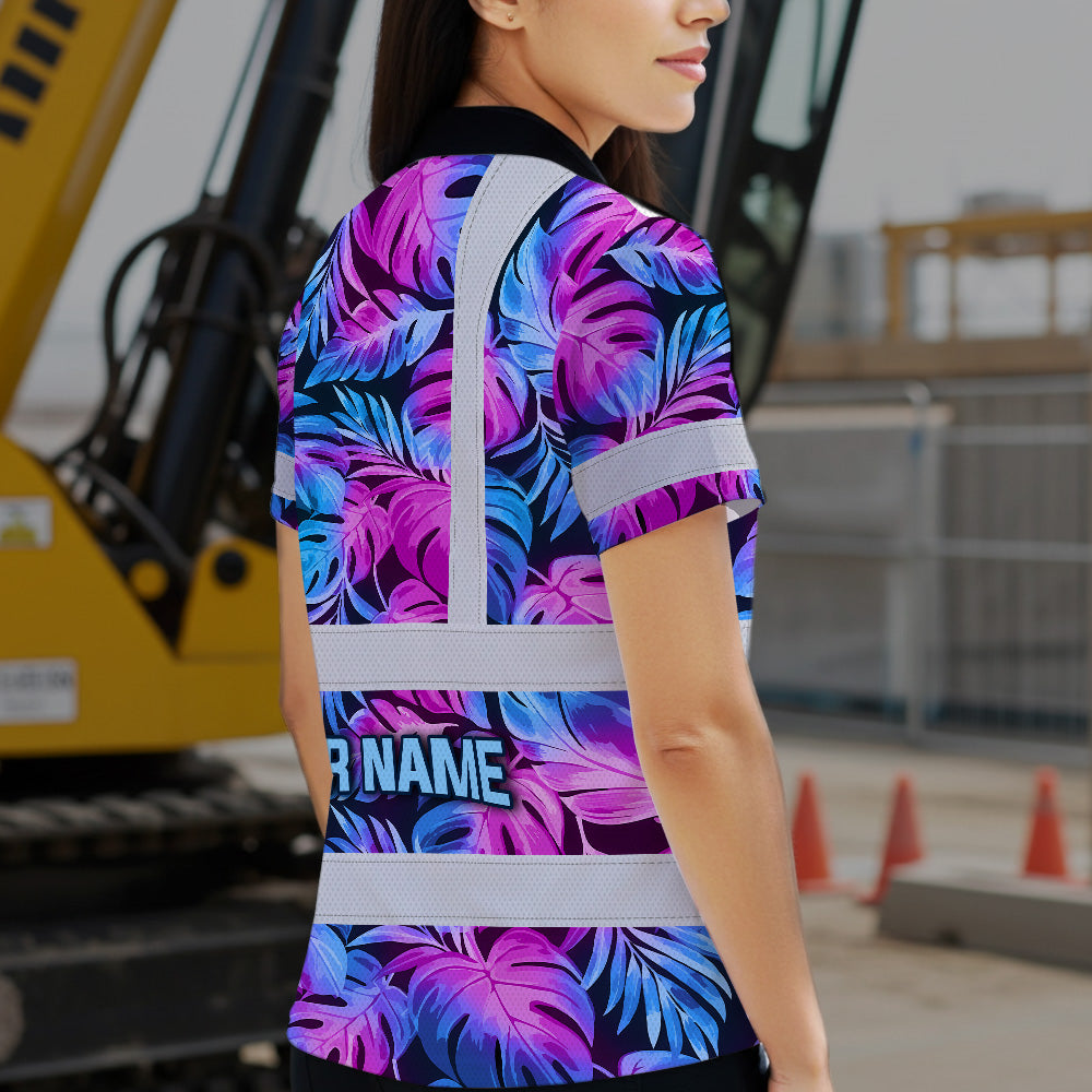 Hi Vis Polo Shirt Reflective Tapes Gradient Blue Violet Custom Name Safety Workwear For Workers, Truckers, Operators