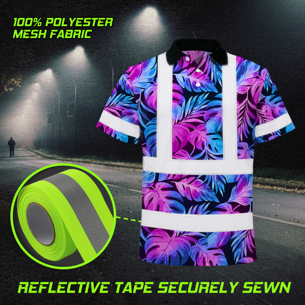 Hi Vis Polo Shirt Reflective Tapes Gradient Blue Violet Custom Name Safety Workwear For Workers, Truckers, Operators