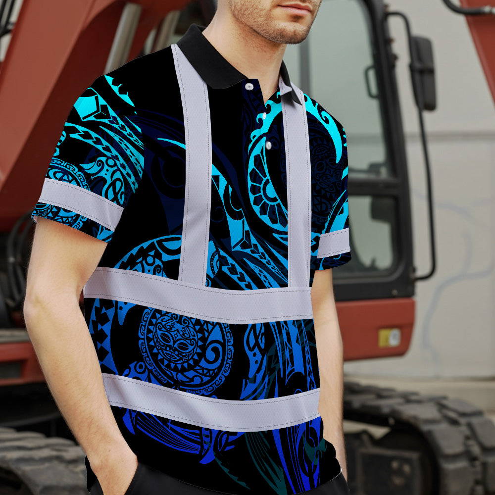 Hi Vis Polo Shirt Reflective Tapes Gradient Turtle Hawaiian Polynesian Tribal Custom Name