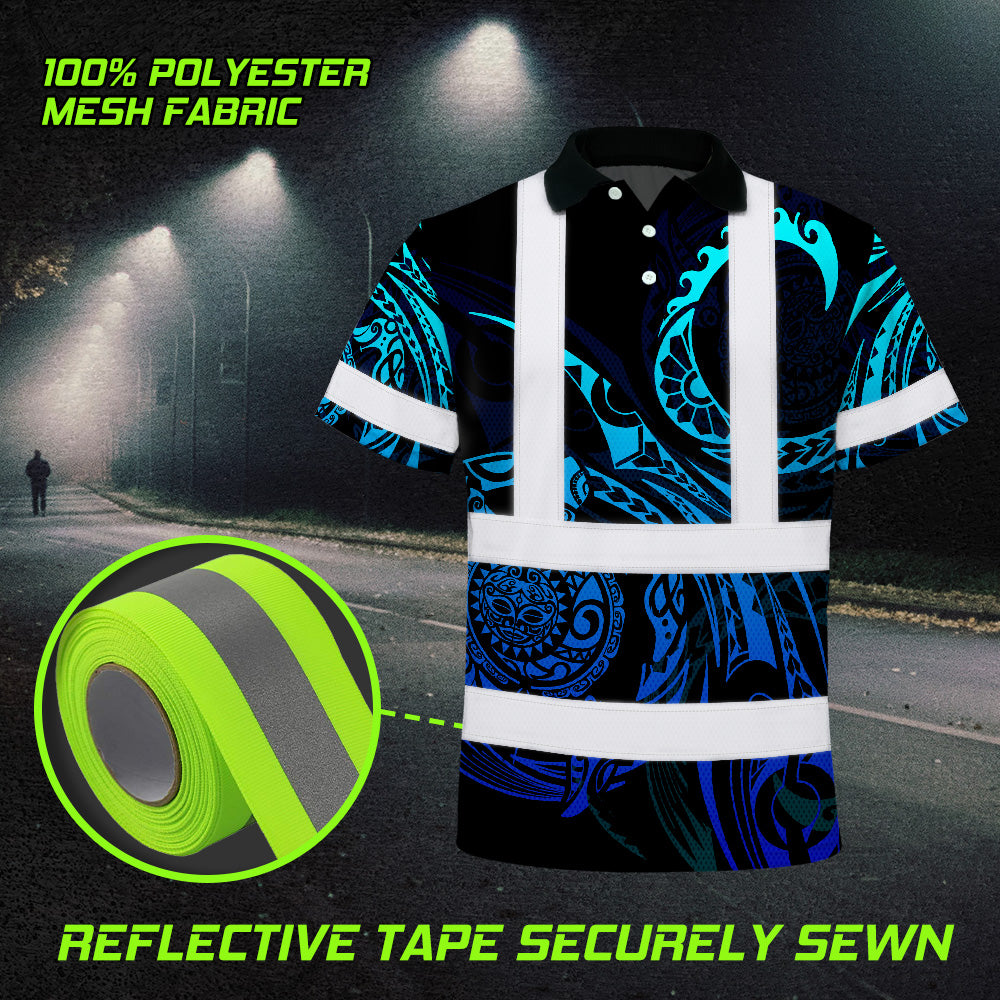 Hi Vis Polo Shirt Reflective Tapes Gradient Turtle Hawaiian Polynesian Tribal Custom Name