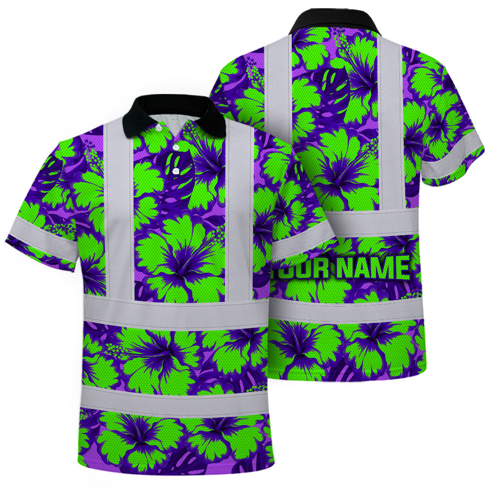 Hi Vis Polo Shirt Reflective Tapes Green Neon And Violet Flowers Custom Name Safety Workwear For Workers, Truckers, Operators