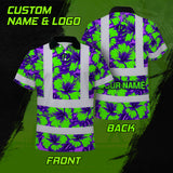 Hi Vis Polo Shirt Reflective Tapes Green Neon And Violet Flowers Custom Name Safety Workwear For Workers, Truckers, Operators