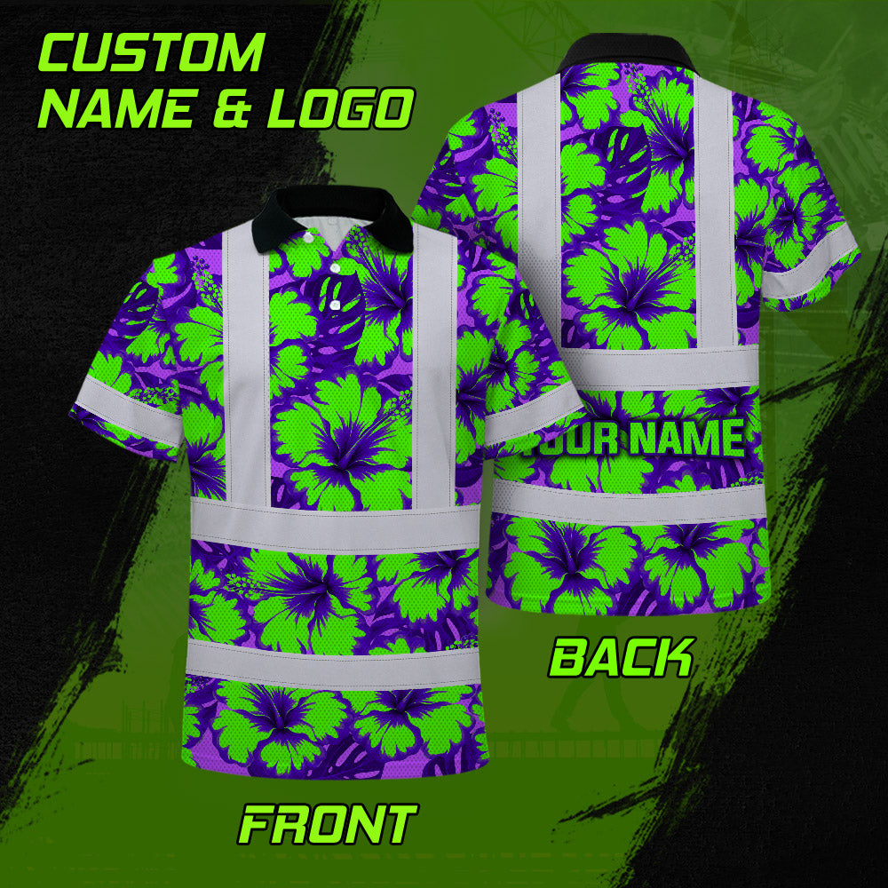 Hi Vis Polo Shirt Reflective Tapes Green Neon And Violet Flowers Custom Name Safety Workwear For Workers, Truckers, Operators
