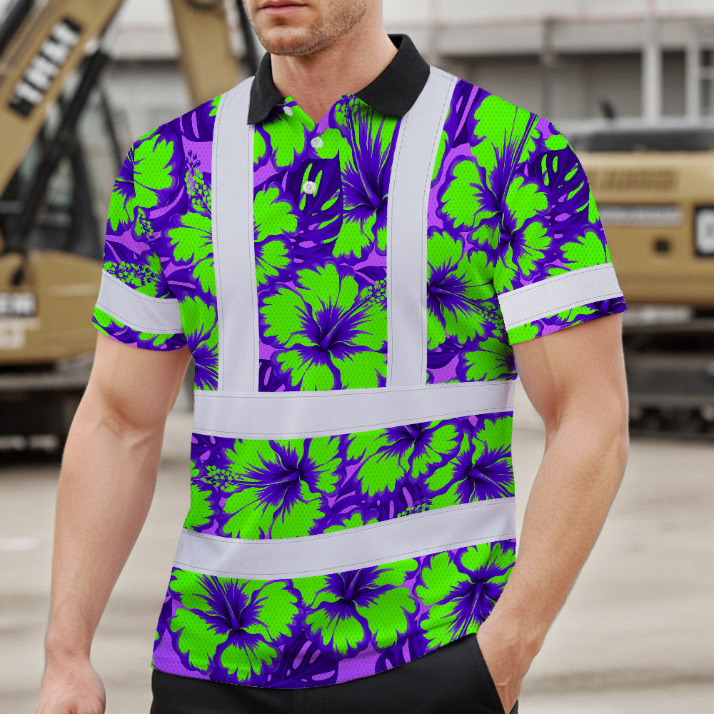 Hi Vis Polo Shirt Reflective Tapes Green Neon And Violet Flowers Custom Name Safety Workwear For Workers, Truckers, Operators