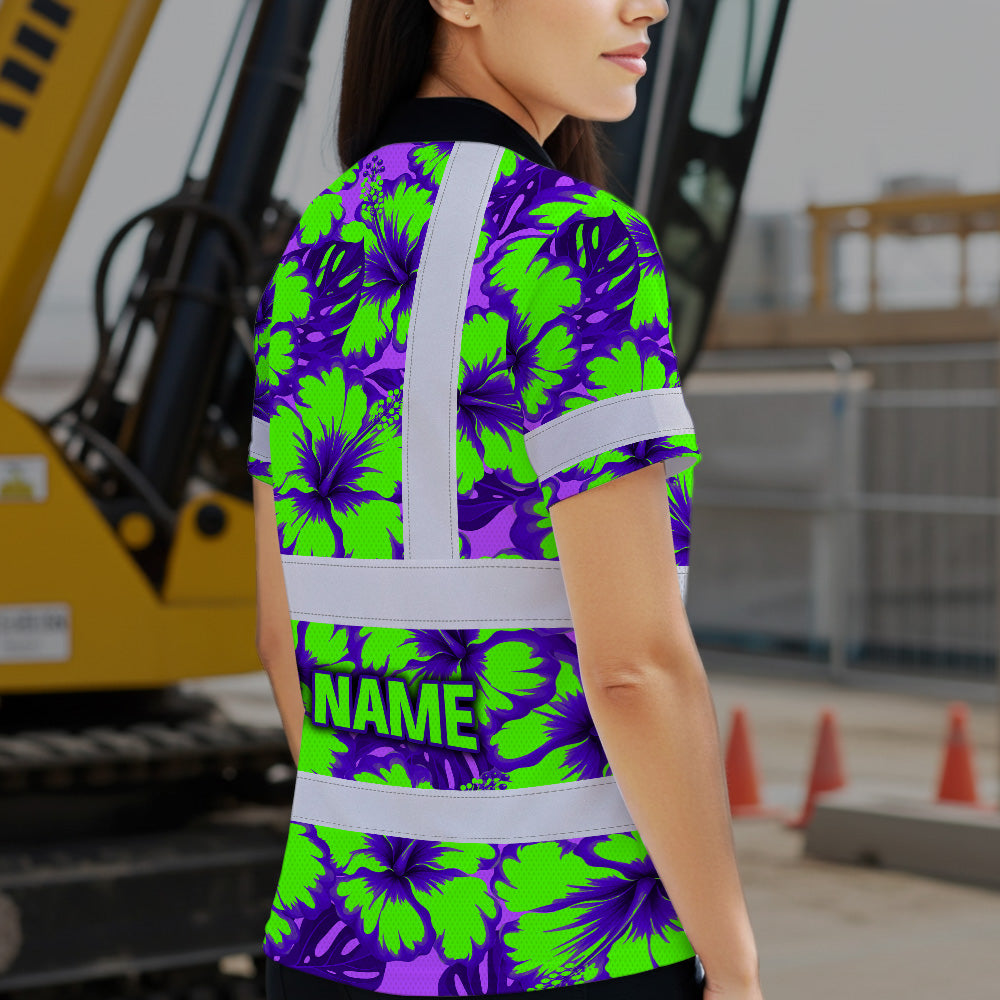 Hi Vis Polo Shirt Reflective Tapes Green Neon And Violet Flowers Custom Name Safety Workwear For Workers, Truckers, Operators
