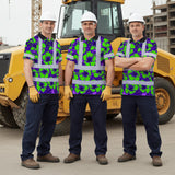 Hi Vis Polo Shirt Reflective Tapes Green Neon And Violet Flowers Custom Name Safety Workwear For Workers, Truckers, Operators