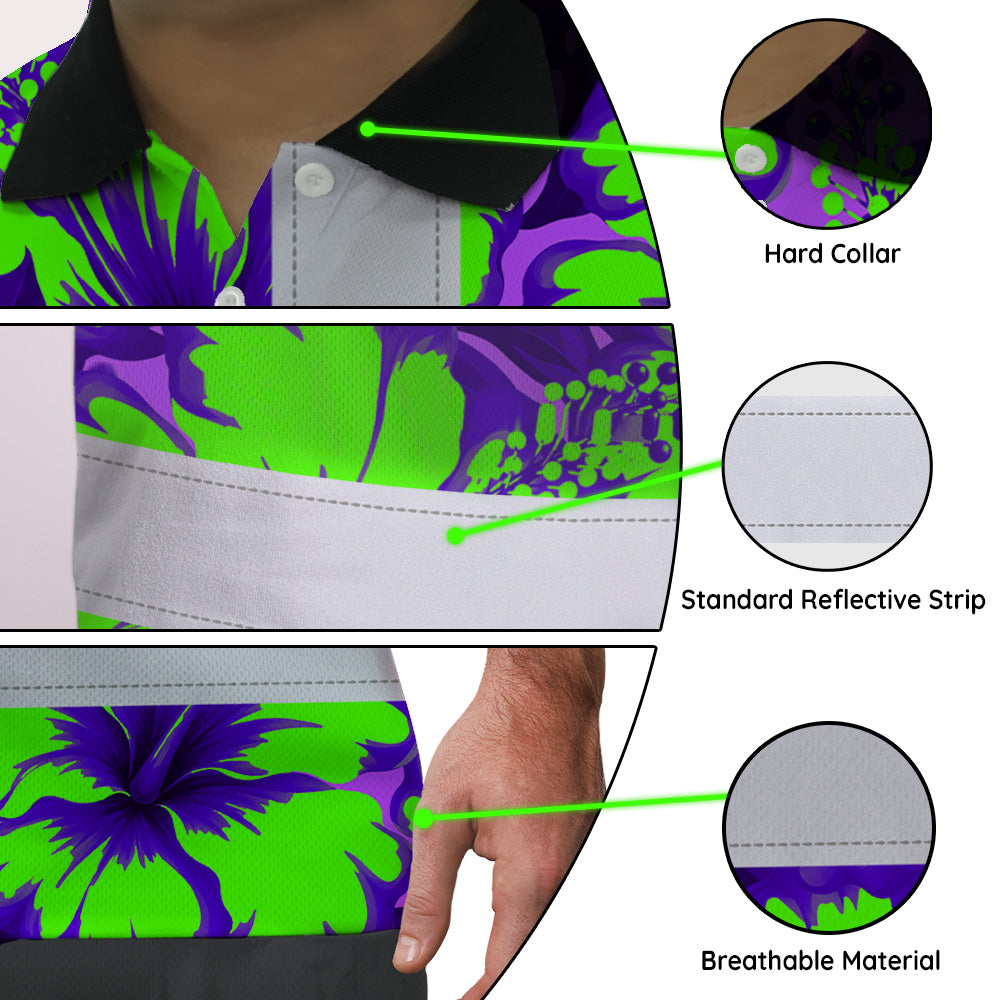 Hi Vis Polo Shirt Reflective Tapes Green Neon And Violet Flowers Custom Name Safety Workwear For Workers, Truckers, Operators