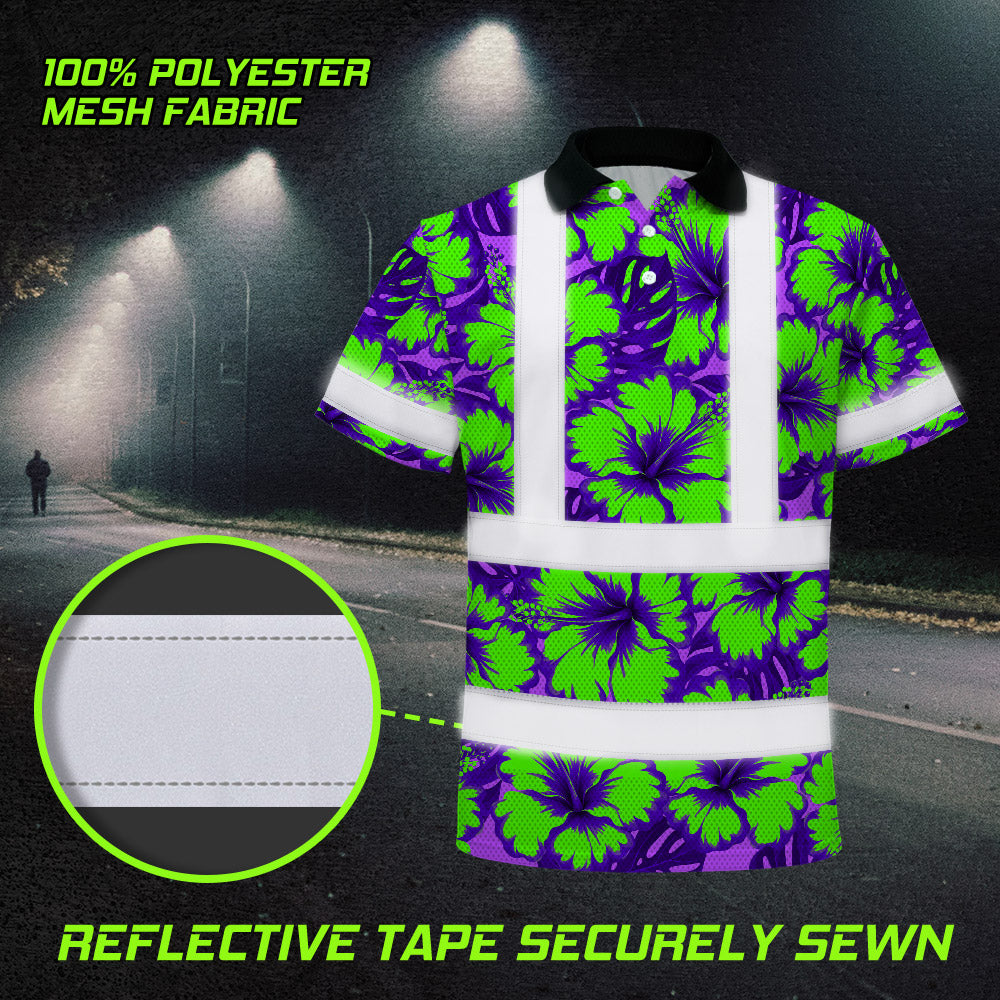 Hi Vis Polo Shirt Reflective Tapes Green Neon And Violet Flowers Custom Name Safety Workwear For Workers, Truckers, Operators