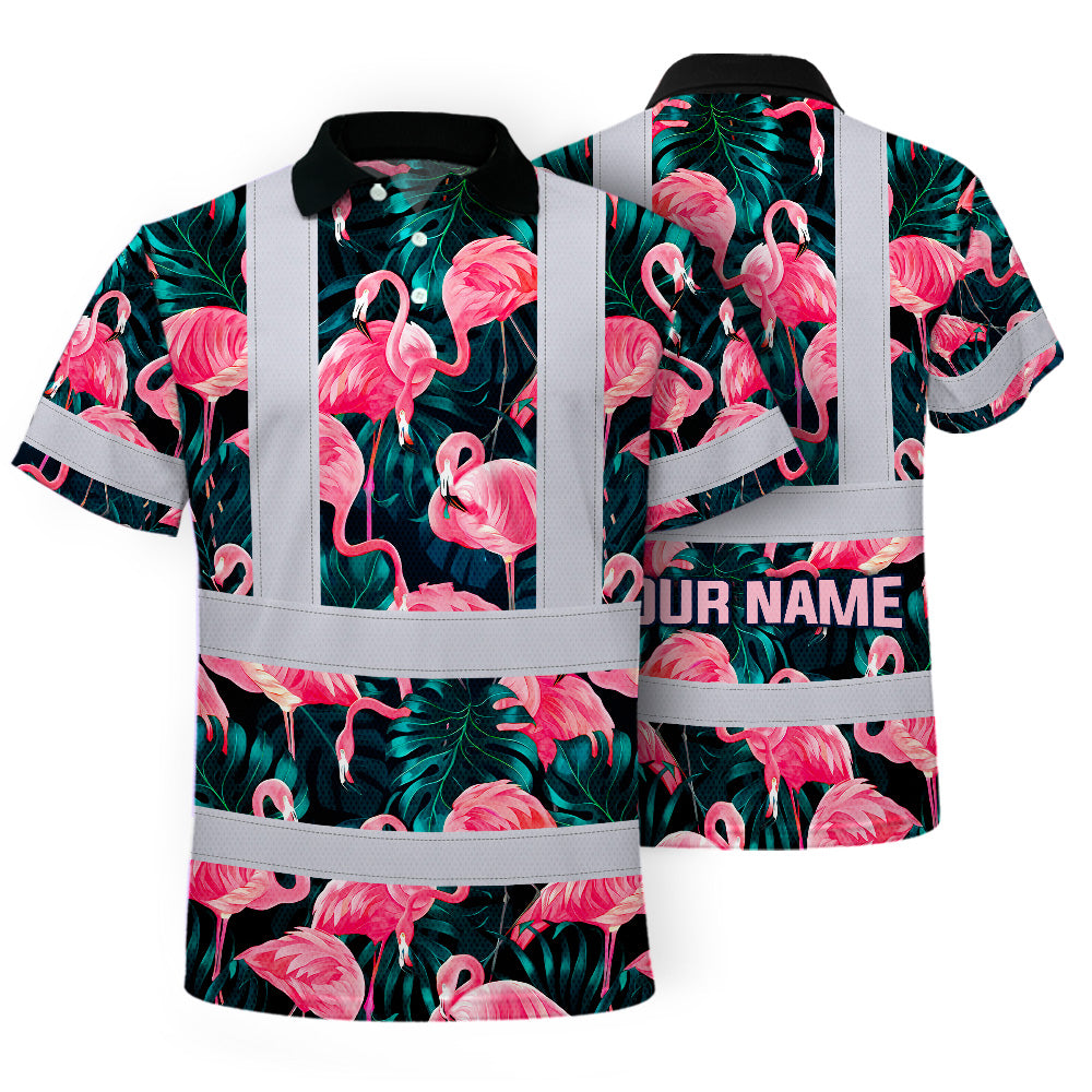 Hi Vis Polo Shirt Reflective Tapes Hawaii Flamingo Custom Name Safety Workwear For Workers, Truckers, Operators