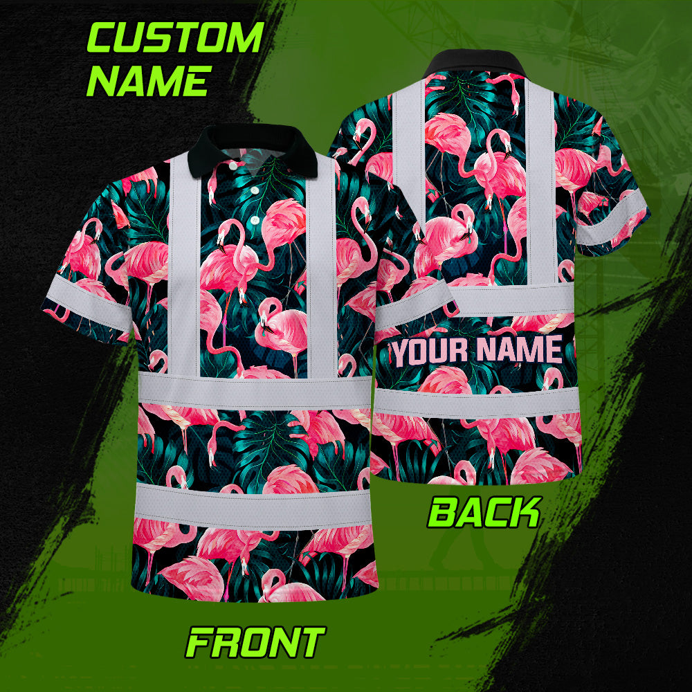 Hi Vis Polo Shirt Reflective Tapes Hawaii Flamingo Custom Name Safety Workwear For Workers, Truckers, Operators