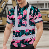 Hi Vis Polo Shirt Reflective Tapes Hawaii Flamingo Custom Name Safety Workwear For Workers, Truckers, Operators