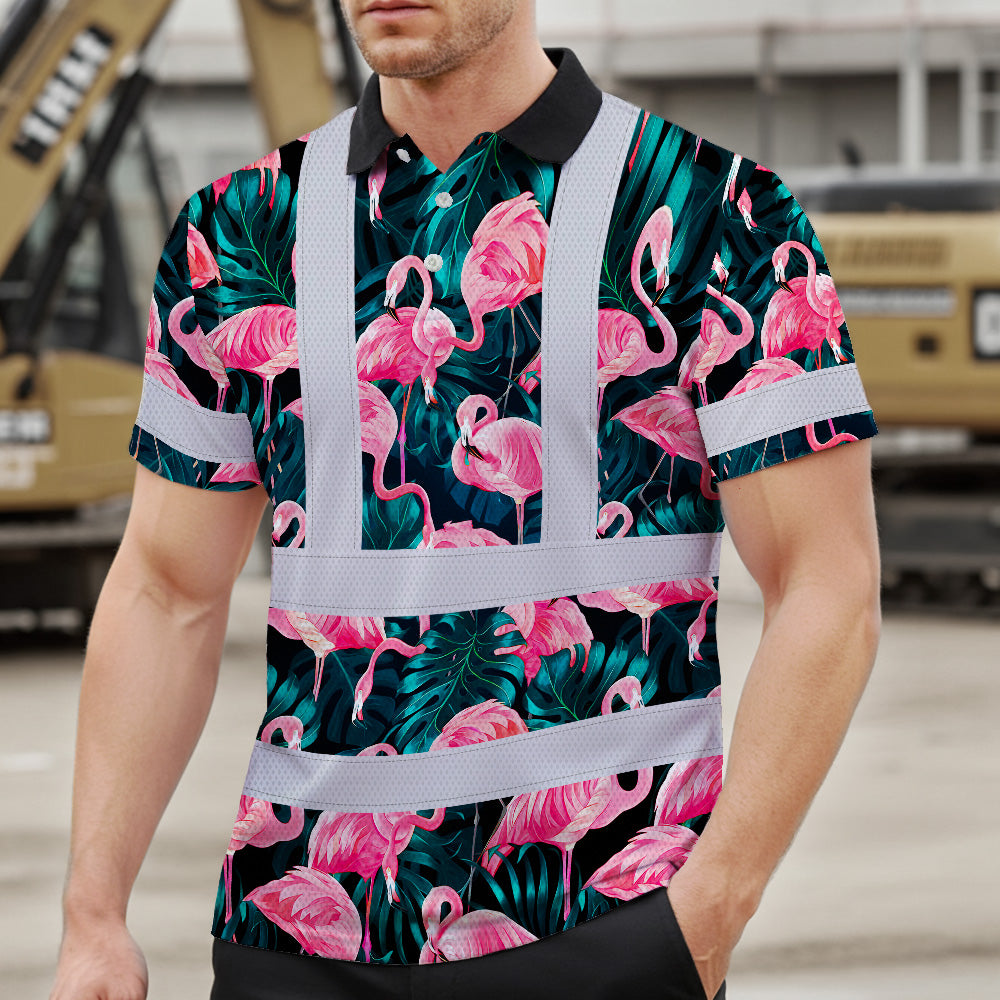 Hi Vis Polo Shirt Reflective Tapes Hawaii Flamingo Custom Name Safety Workwear For Workers, Truckers, Operators