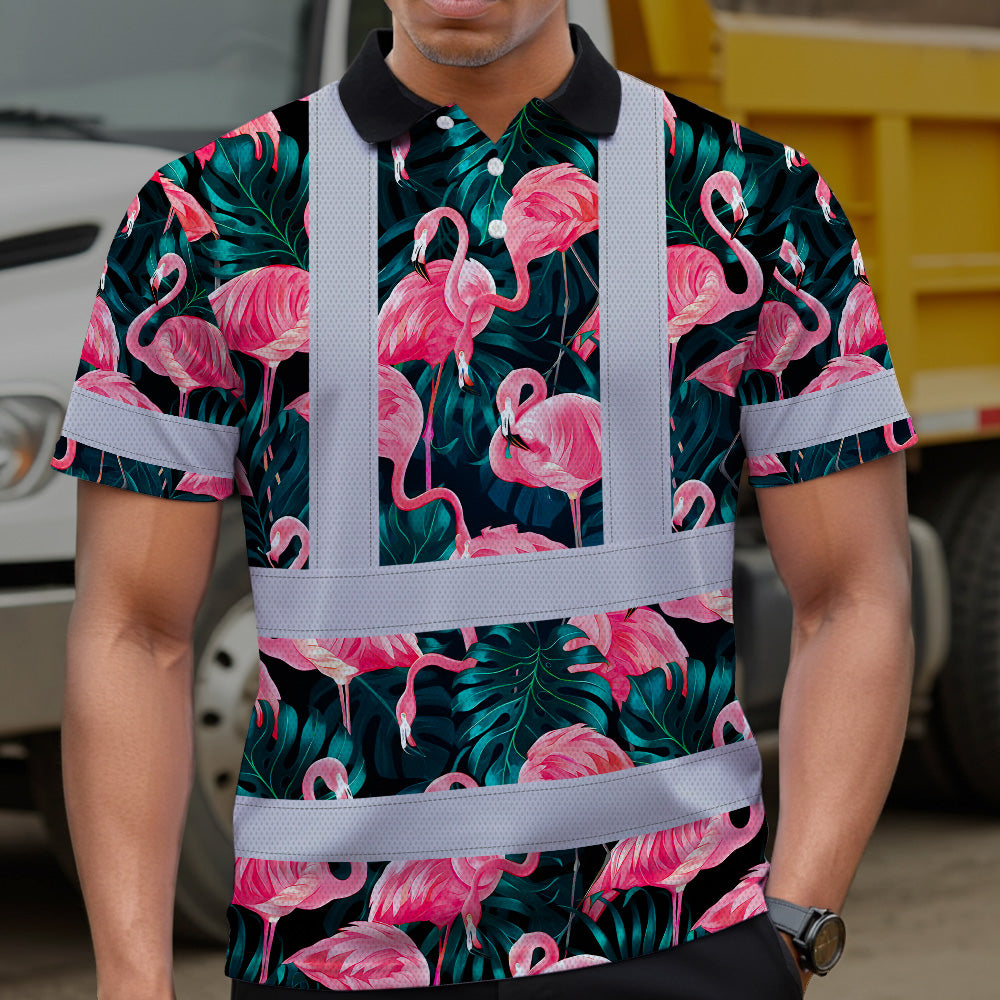 Hi Vis Polo Shirt Reflective Tapes Hawaii Flamingo Custom Name Safety Workwear For Workers, Truckers, Operators