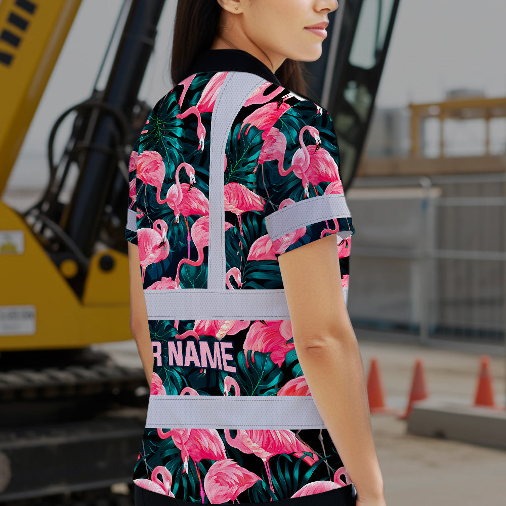 Hi Vis Polo Shirt Reflective Tapes Hawaii Flamingo Custom Name Safety Workwear For Workers, Truckers, Operators
