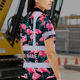 Hi Vis Polo Shirt Reflective Tapes Hawaii Flamingo Custom Name Safety Workwear For Workers, Truckers, Operators