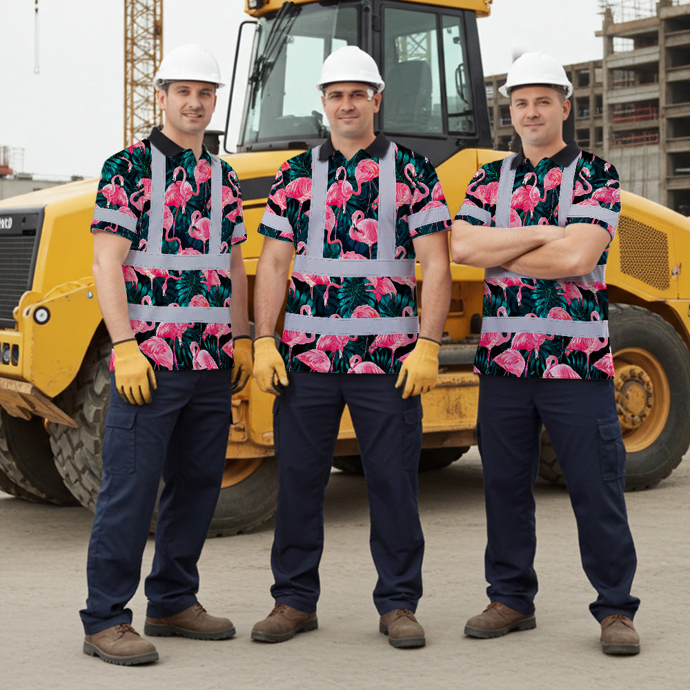 Hi Vis Polo Shirt Reflective Tapes Hawaii Flamingo Custom Name Safety Workwear For Workers, Truckers, Operators