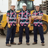 Hi Vis Polo Shirt Reflective Tapes Hawaii Flamingo Custom Name Safety Workwear For Workers, Truckers, Operators