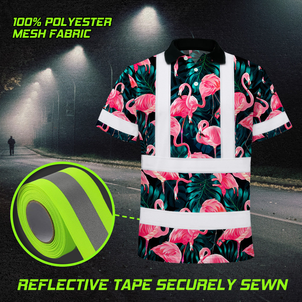 Hi Vis Polo Shirt Reflective Tapes Hawaii Flamingo Custom Name Safety Workwear For Workers, Truckers, Operators