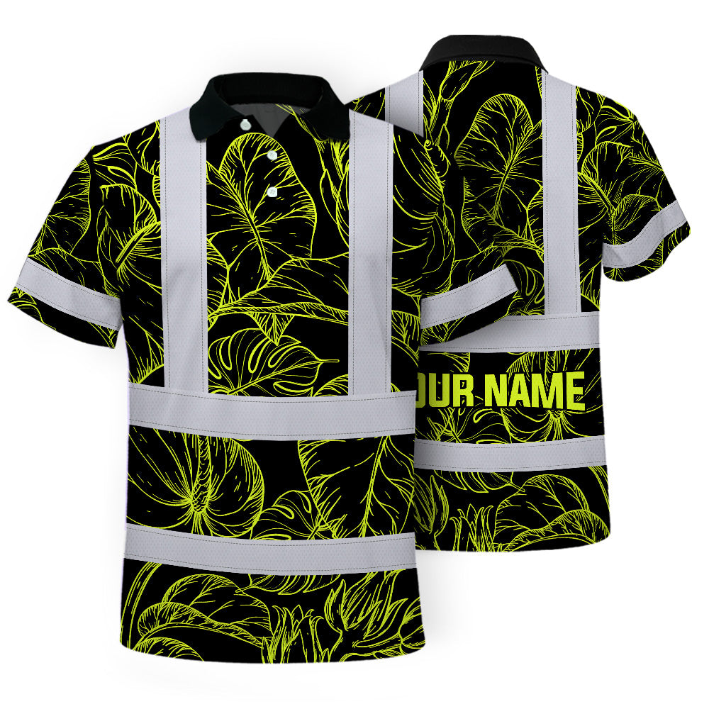 Hi Vis Polo Shirt Reflective Tapes Lime Neon Flowers Custom Name Safety Workwear For Workers, Truckers, Operators
