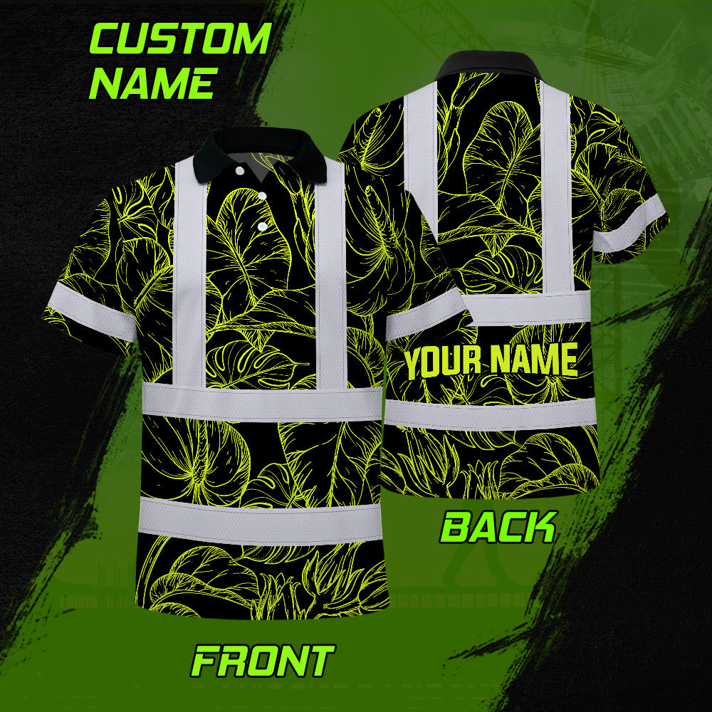 Hi Vis Polo Shirt Reflective Tapes Lime Neon Flowers Custom Name Safety Workwear For Workers, Truckers, Operators