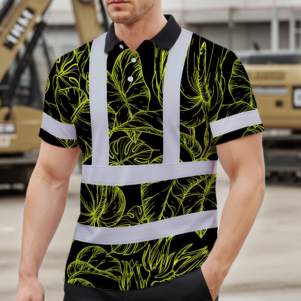 Hi Vis Polo Shirt Reflective Tapes Lime Neon Flowers Custom Name Safety Workwear For Workers, Truckers, Operators