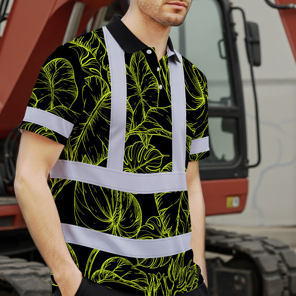 Hi Vis Polo Shirt Reflective Tapes Lime Neon Flowers Custom Name Safety Workwear For Workers, Truckers, Operators