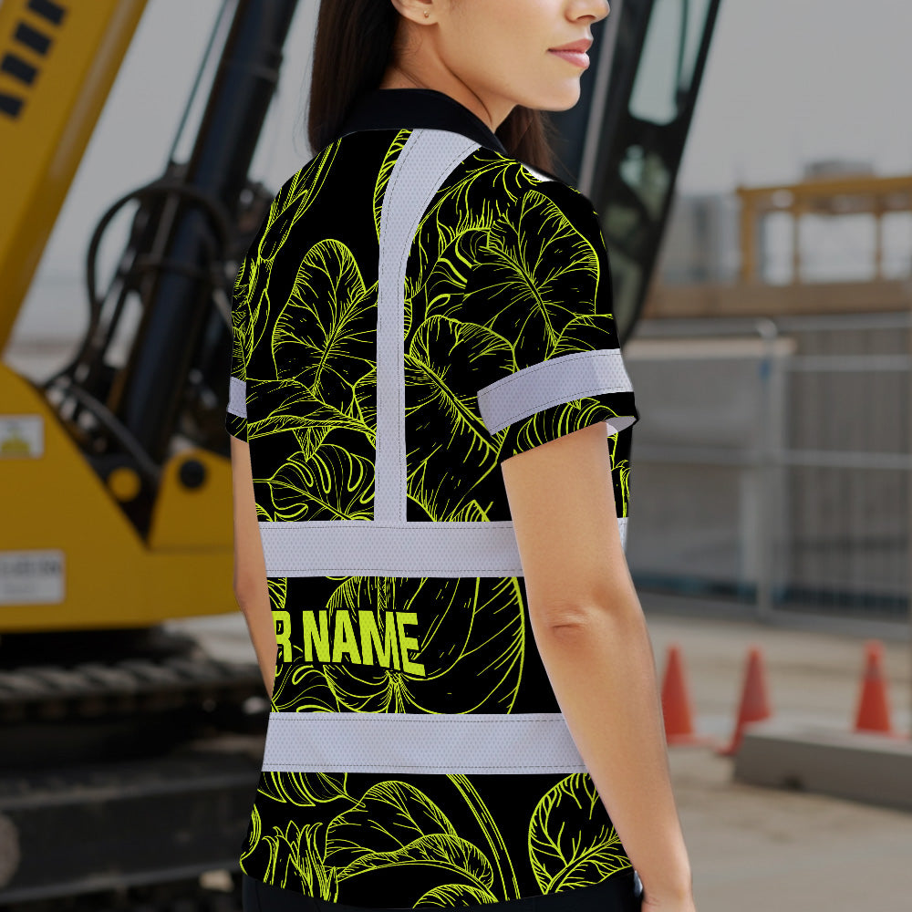 Hi Vis Polo Shirt Reflective Tapes Lime Neon Flowers Custom Name Safety Workwear For Workers, Truckers, Operators