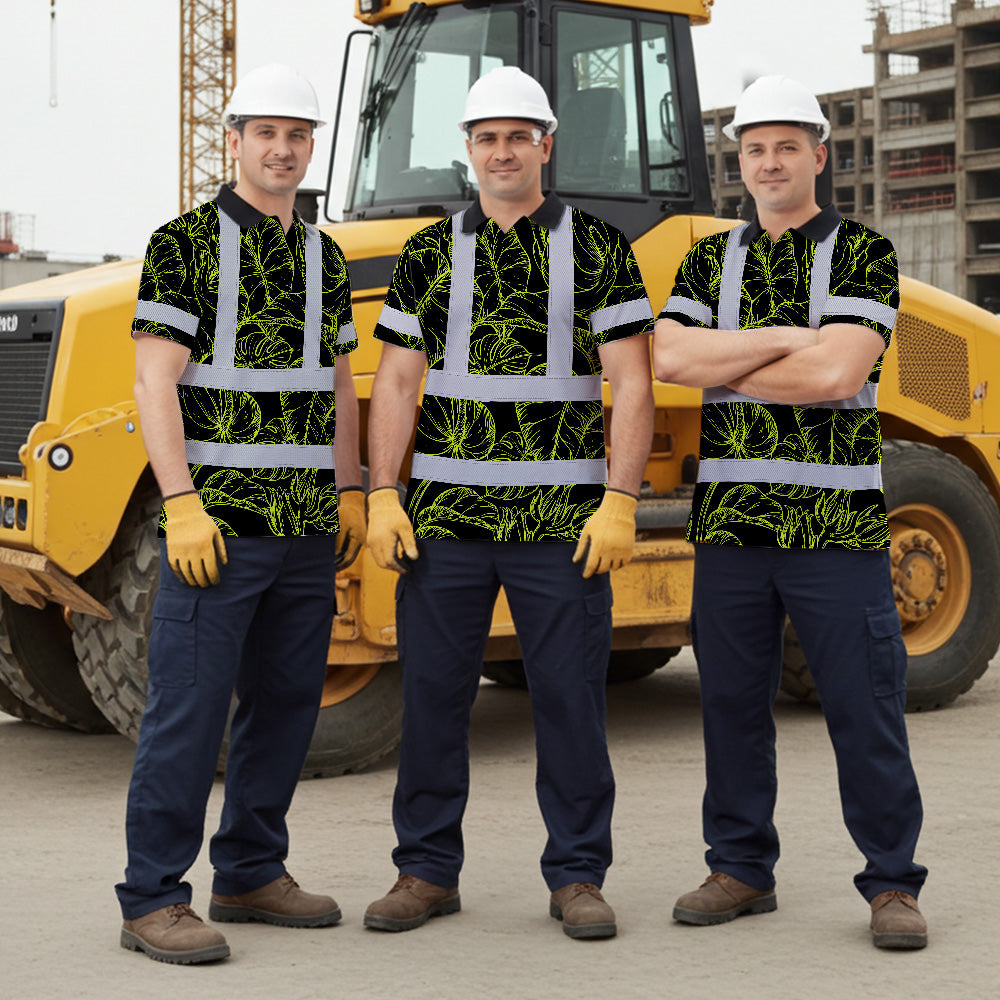 Hi Vis Polo Shirt Reflective Tapes Lime Neon Flowers Custom Name Safety Workwear For Workers, Truckers, Operators