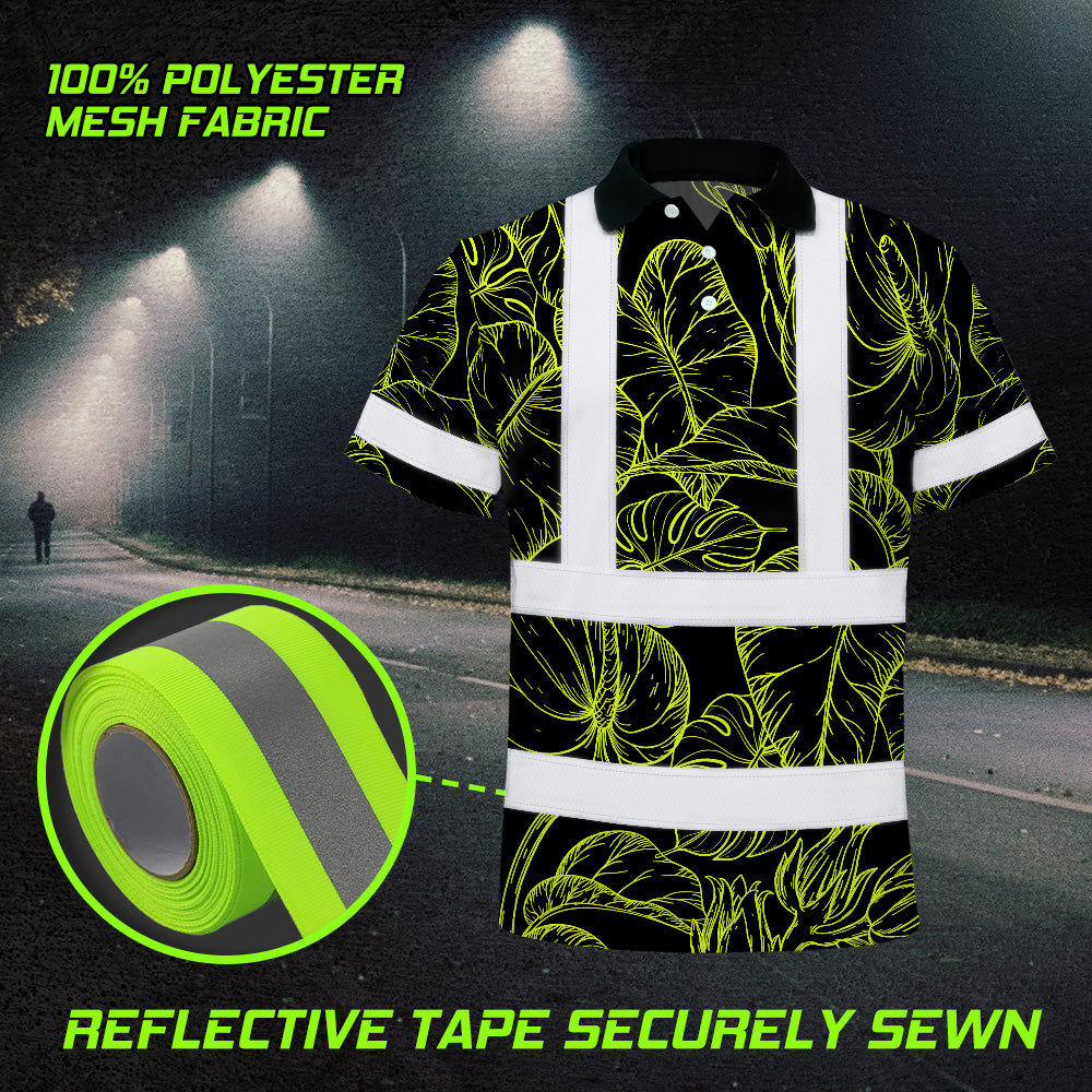 Hi Vis Polo Shirt Reflective Tapes Lime Neon Flowers Custom Name Safety Workwear For Workers, Truckers, Operators