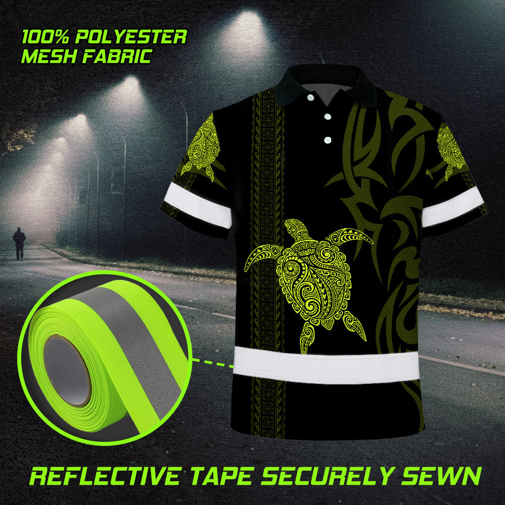 Hi Vis Polo Shirt Reflective Tapes Lime Neon Hawaiian Polynesian Tribal Custom Name