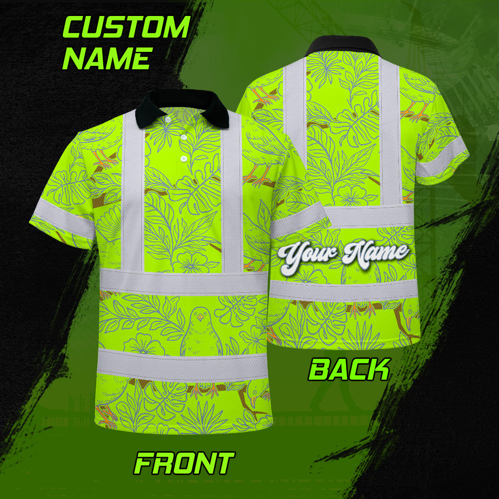 Hi Vis Polo Shirt Reflective Tapes Lime Neon White 2 Flowers Custom Name Safety Workwear For Workers, Truckers, Operators