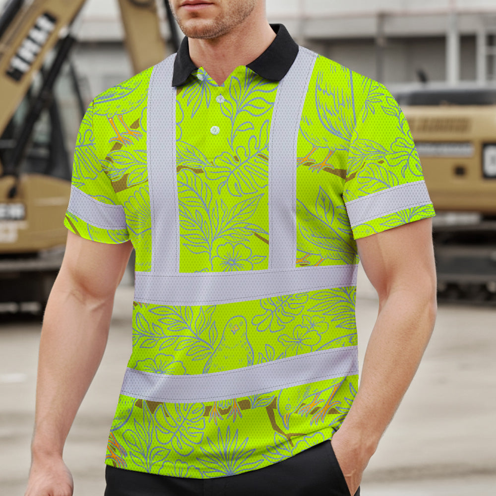 Hi Vis Polo Shirt Reflective Tapes Lime Neon White 2 Flowers Custom Name Safety Workwear For Workers, Truckers, Operators
