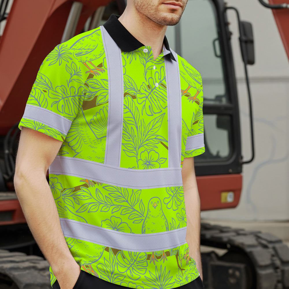 Hi Vis Polo Shirt Reflective Tapes Lime Neon White 2 Flowers Custom Name Safety Workwear For Workers, Truckers, Operators