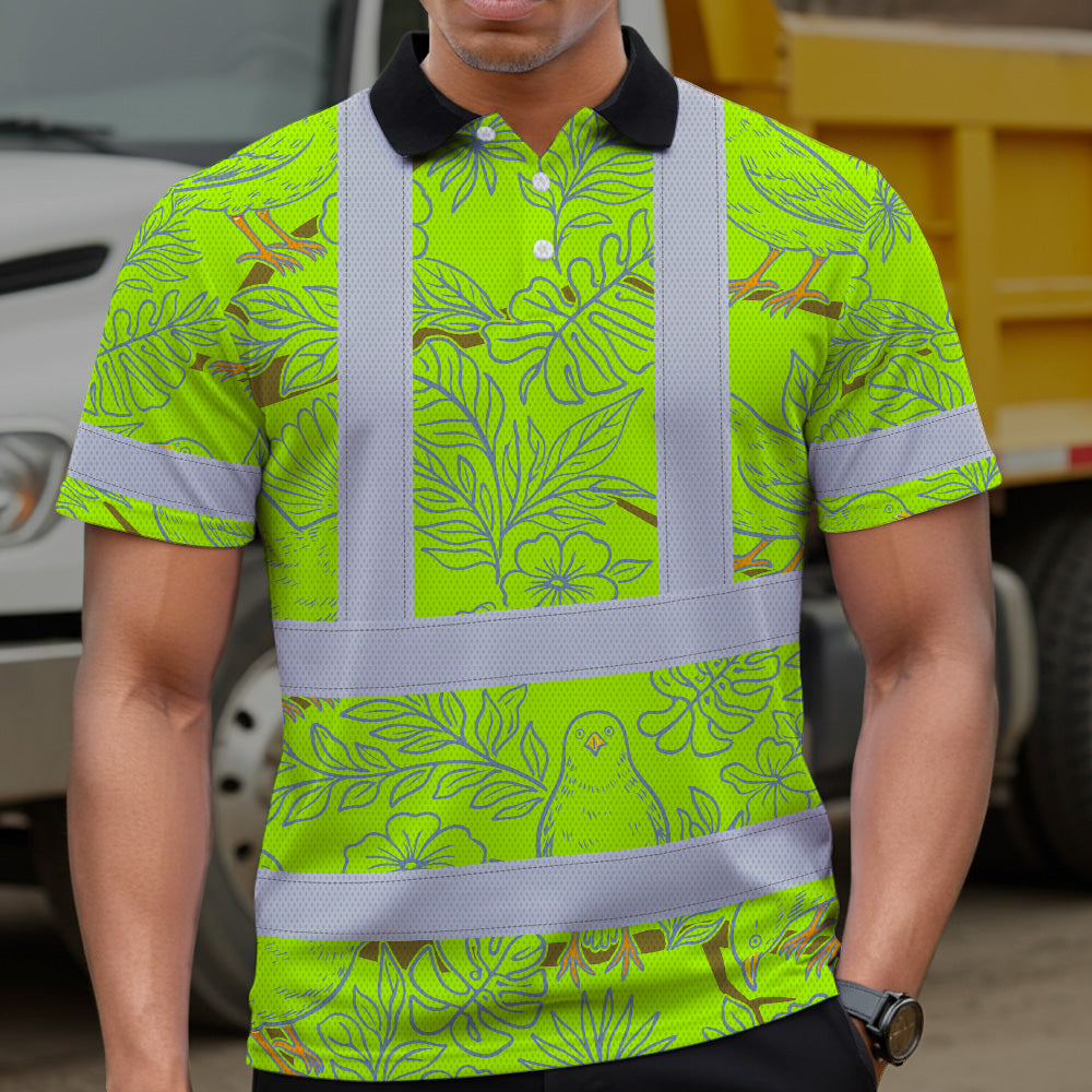 Hi Vis Polo Shirt Reflective Tapes Lime Neon White 2 Flowers Custom Name Safety Workwear For Workers, Truckers, Operators