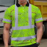 Hi Vis Polo Shirt Reflective Tapes Lime Neon White 2 Flowers Custom Name Safety Workwear For Workers, Truckers, Operators