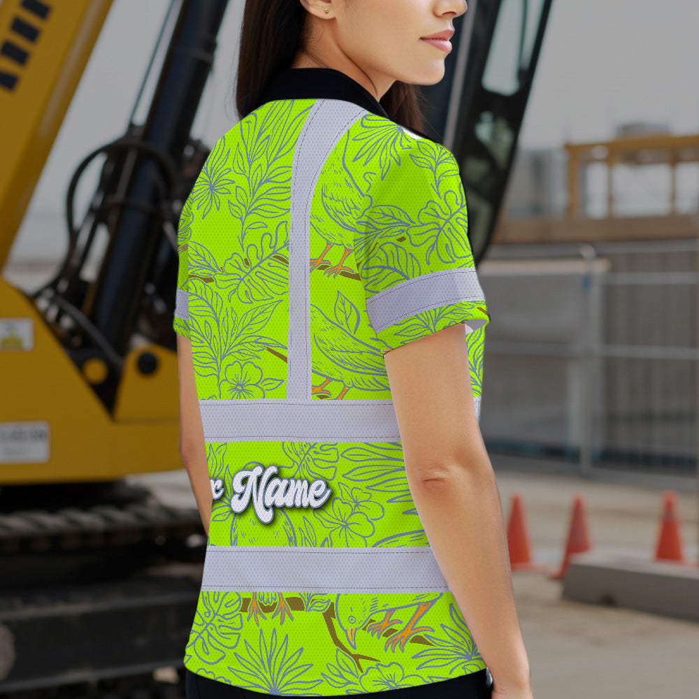 Hi Vis Polo Shirt Reflective Tapes Lime Neon White 2 Flowers Custom Name Safety Workwear For Workers, Truckers, Operators