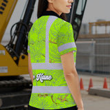 Hi Vis Polo Shirt Reflective Tapes Lime Neon White 2 Flowers Custom Name Safety Workwear For Workers, Truckers, Operators