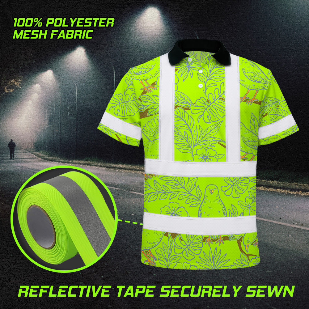 Hi Vis Polo Shirt Reflective Tapes Lime Neon White 2 Flowers Custom Name Safety Workwear For Workers, Truckers, Operators