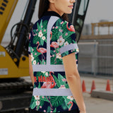 Hi Vis Polo Shirt Reflective Tapes Neon Pink Flowers 2 Custom Name Safety Workwear For Workers, Truckers, Operators
