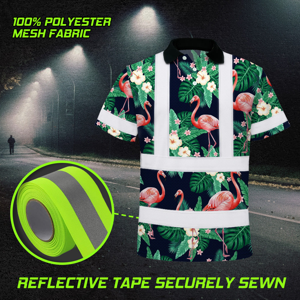 Hi Vis Polo Shirt Reflective Tapes Neon Pink Flowers 2 Custom Name Safety Workwear For Workers, Truckers, Operators