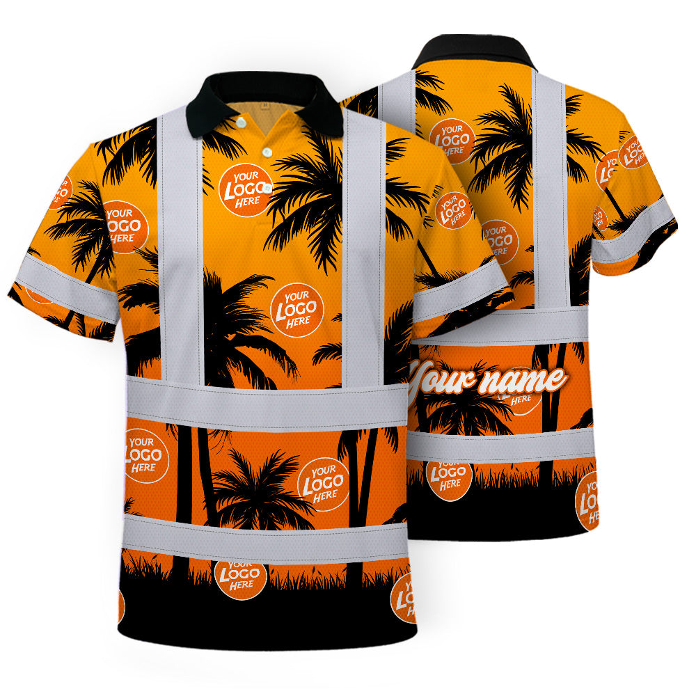 Hi Vis Polo Shirt Reflective Tapes Orange And Black Flowers Custom Name And Logo Safety Workwear For Workers, Truckers, Operators, Company