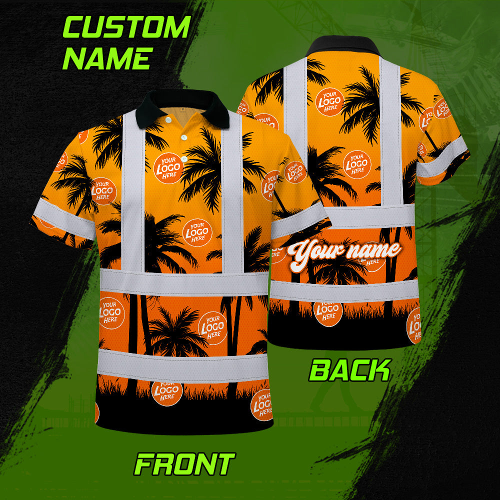 Hi Vis Polo Shirt Reflective Tapes Orange And Black Flowers Custom Name And Logo Safety Workwear For Workers, Truckers, Operators, Company