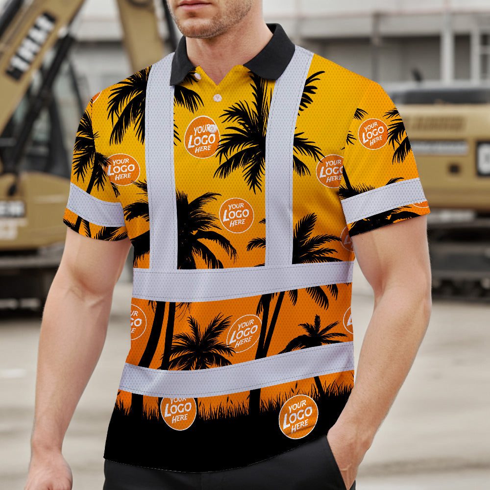 Hi Vis Polo Shirt Reflective Tapes Orange And Black Flowers Custom Name And Logo Safety Workwear For Workers, Truckers, Operators, Company