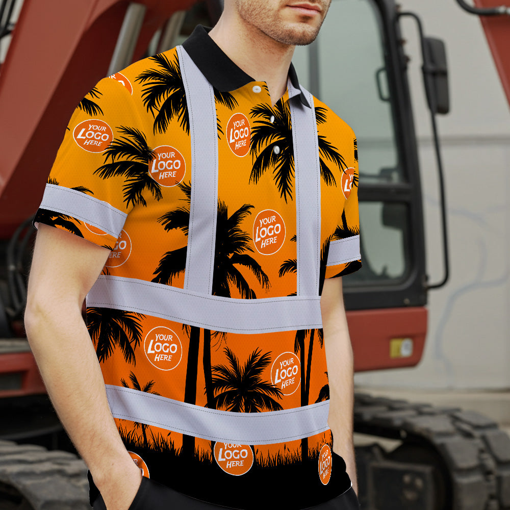 Hi Vis Polo Shirt Reflective Tapes Orange And Black Flowers Custom Name And Logo Safety Workwear For Workers, Truckers, Operators, Company