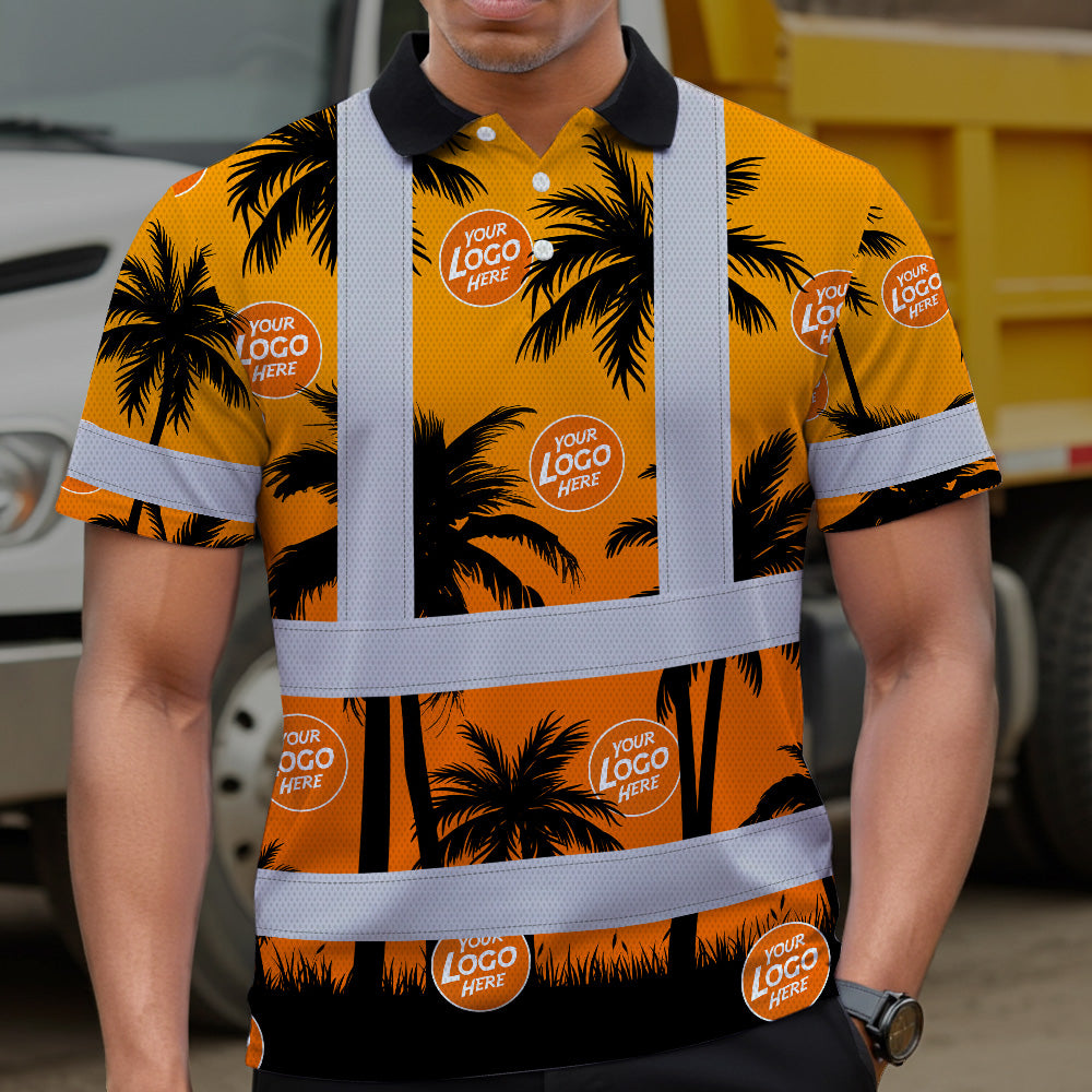 Hi Vis Polo Shirt Reflective Tapes Orange And Black Flowers Custom Name And Logo Safety Workwear For Workers, Truckers, Operators, Company