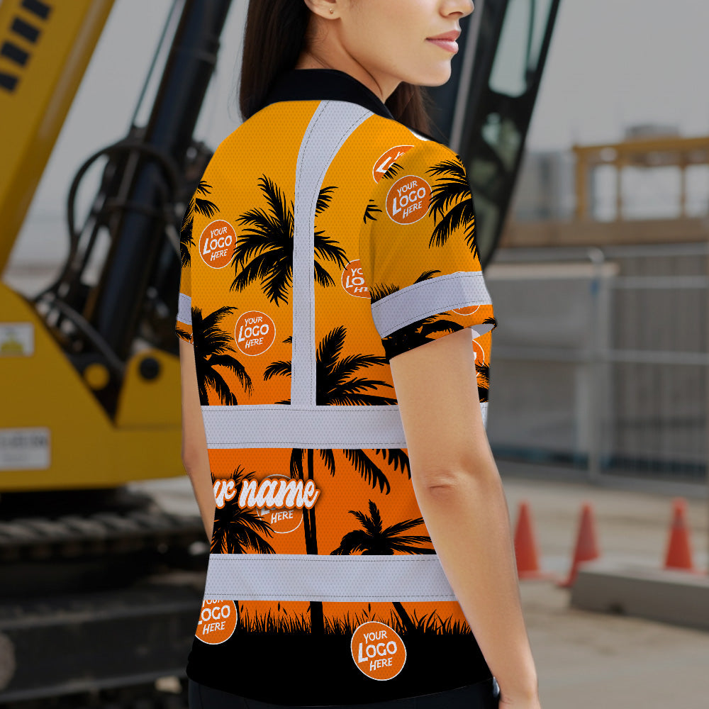 Hi Vis Polo Shirt Reflective Tapes Orange And Black Flowers Custom Name And Logo Safety Workwear For Workers, Truckers, Operators, Company